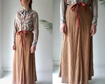 Long LINEN Skirt . Vintage 90s BIAS Skirt . Brown Linen Skirt