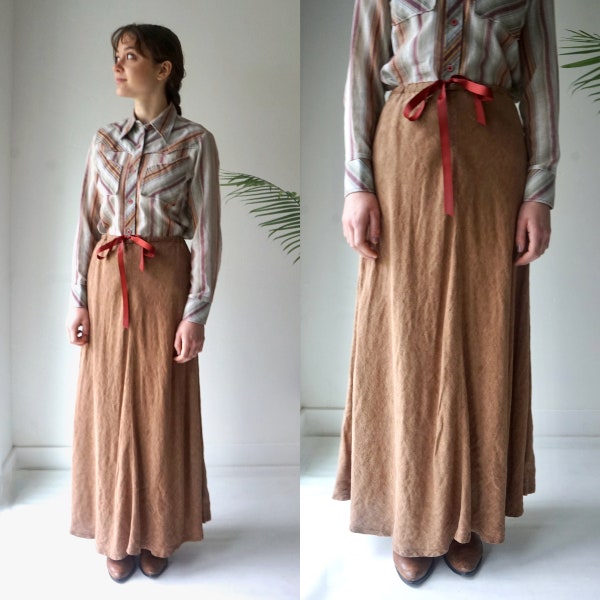 Long LINEN Skirt . Vintage 90s BIAS Skirt . Brown Linen Skirt