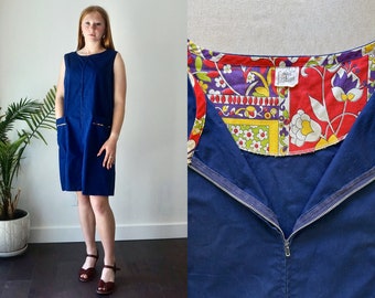 70s SunDRESS with Pockets . Vintage 70s Sleeveless Dress . Boho Hippie Womens Large Navy Blue SunDress