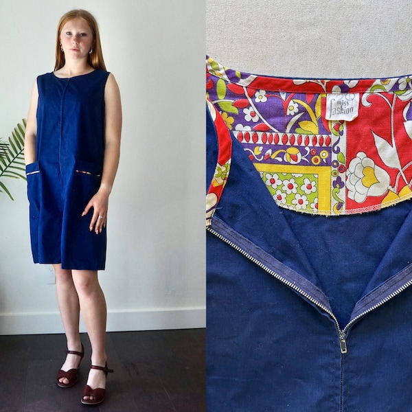 70s SunDRESS with Pockets . Vintage 70s Sleeveless Dress . Boho Hippie Womens Large Navy Blue SunDress