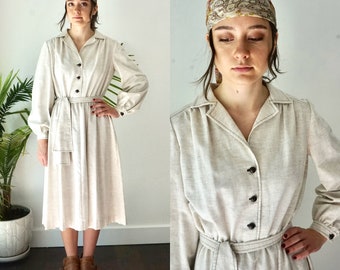 Womens SAFARI Dress . Vintage 70s Boho ShirtDress . Cotton Ivory Long Sleeve Midi Button Up Shirt Dress
