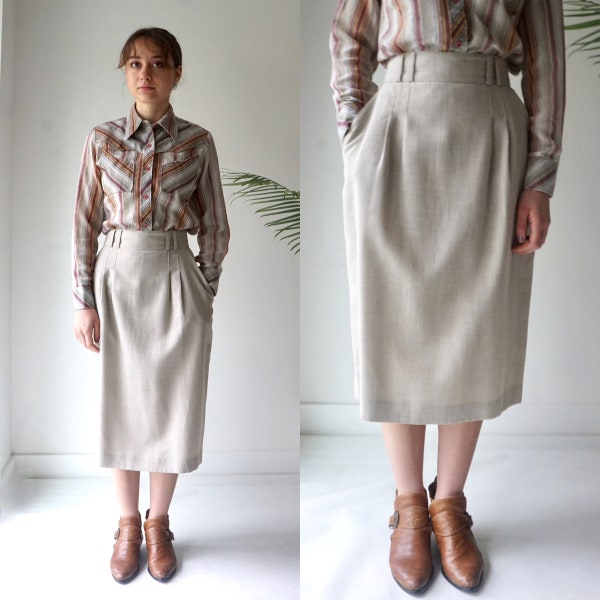 MIDI PENCIL Skirt with Pockets . Vintage 70s KHAKI Skirt . High Waisted Pencil Skirt