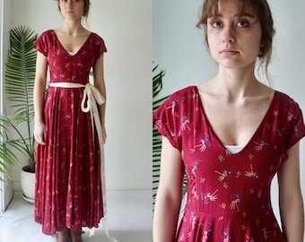 FLUTTER Sleeve Dress . Vintage 90s SCARLET RED Dress . Firecracker Print Dress . extra small womens