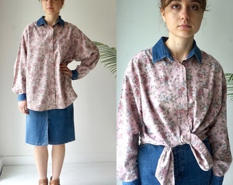 FLORAL Denim Blouse . Vintage 90s OverSized COTTON Blouse . Pink CoTToN Womens Shirt Top