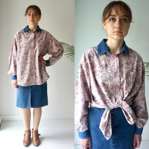 FLORAL Denim Blouse . Vintage 90s OverSized COTTO… - image 1