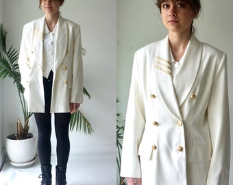 DOUBLE BREASTED Blazer . Vintage 90s Womens White Jacket . NAUTICAL Structured Blazer