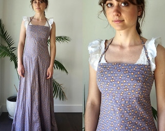 Vintage 70-tals halterneck blommig bondeklänning kalikå ärmlös sommarbomull Woodstock boho hippie