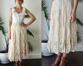 CROCHET Skirt .  Vintage 90s See Through Skirt . Ivory High Waist Long Skirt