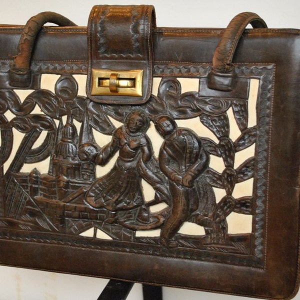 SALE-Vtg 60s 70s Tooled Leather Bag