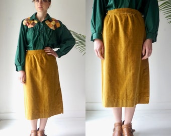 worn... 70s MARIGOLD PENCIL Skirt . Vintage 70s MiDi VELVET Skirt . High Waisted Pencil Skirt