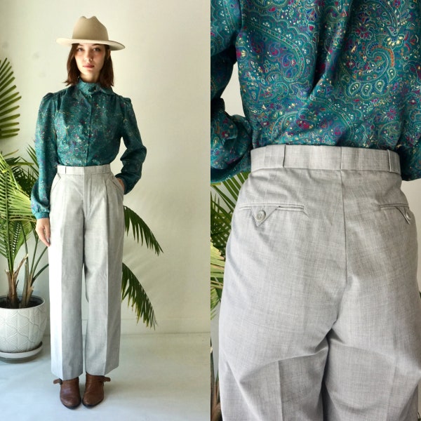 HIGH WAISTED Trousers . Vintage 80s PLEATED Pants . Womens Pants . Womens Grey Straight Leg Pants