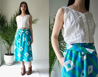 Vintage 80s STRIPED High Waist Pencil Skirt .  COTTON MIDI Skirt with Pockets . Blue and Green Midi Casual Skirt