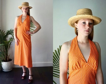 70s SUMMER Dress . Vintage 1970s HALTER Dress . POLKA DoT Cotton Boho Hippie Midi Sleeveless SunDress