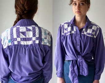 worn... Hand Made PATCHWORK Blouse . Vintage 70s COTTON Blouse . PuRpLe CoTToN Womens Shirt Top