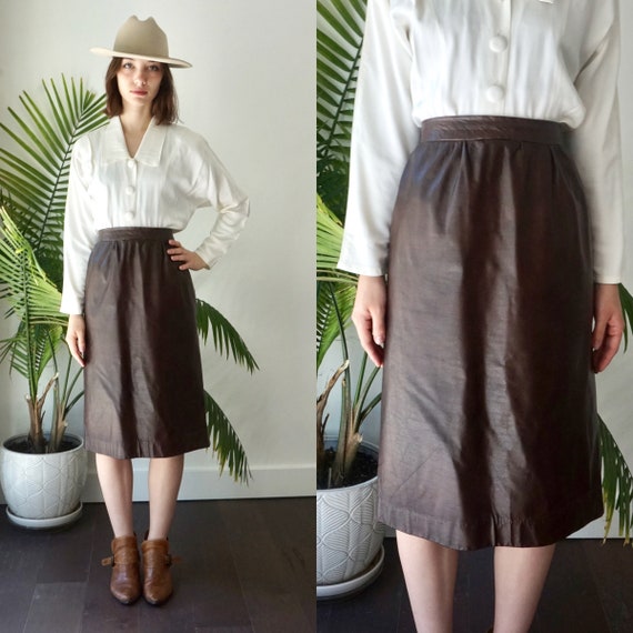 Jupe Crayon En Cuir Vintage Années 80 Marron (tan) Qualité Supérieure - Taille 8-10 (W26" L25")