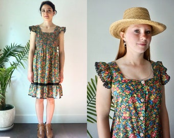 Vintage 70s SUMMER Dress . FLORAL SunDress . Calico Cotton Dress