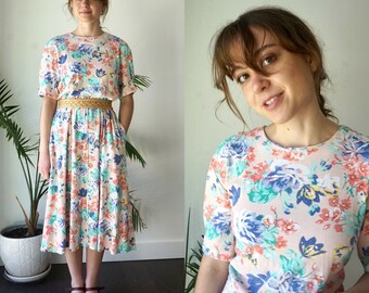 CABBAGE ROSE KNIT Dress . Vintage 80s Midi Dress . Pastel Floral Dress