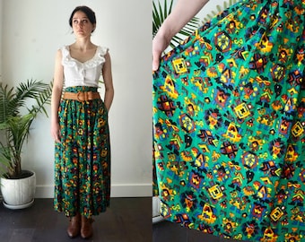 MAXI PRAIRIE Skirt  with Pockets . Vintage 80s SOUTHWEST Skirt . Long CowGIRL Green Skirt