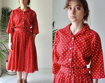 Red POLKA DOT Dress . Vintage 80s Cotton SHIRTDRESS . Belted Midi Dress