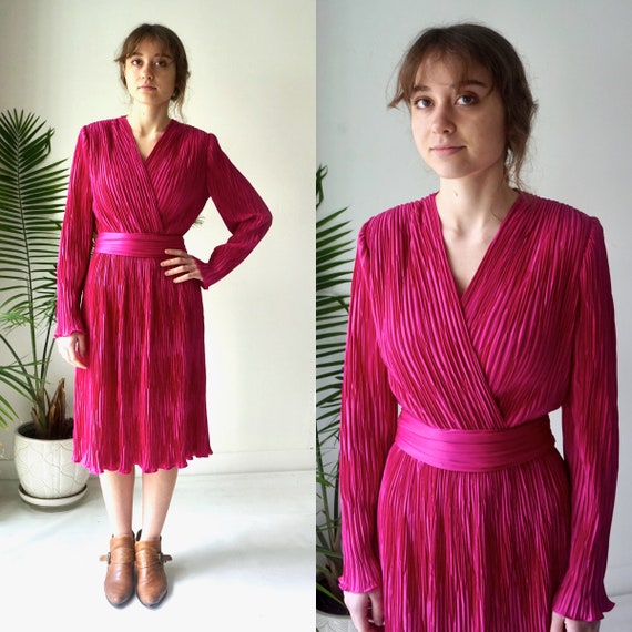 ORIGaMI Dress . Vintage 80s FUSCHIA Dress . Pink … - image 1