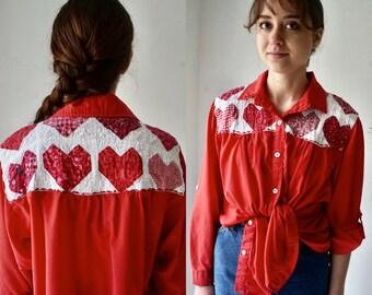 worn... Hand Made PATCHWORK Blouse . Vintage 70s COTTON Blouse . Red  HEaRts CoTToN Womens Shirt Top