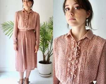 DUSTY ROSE Dress . Vintage 70s Sheer Pink Dress  .  Romantic Ruffle Dress . Floral Puff Sleeve Dress