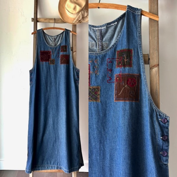 Vintage 90s Denim Overall Jumper Dress Womens Blue Jean Grunge Sleeveless Stonewash Shift