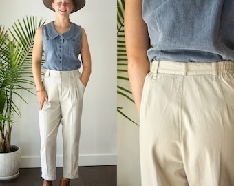 Womens KHAKI TROUSERS . Vintage 80s High Waisted PLEATED Pants .  Baggy Cotton Tapered Peg Leg Trousers