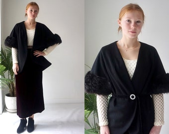 FOX FUR Trim Jacket . Vintage 60s Black WOOL Coat . Cocktail Party Evening Hollywood Glam Cloak