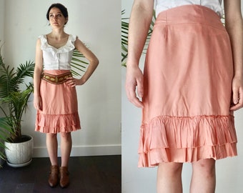 90s SLIP Ruffle Skirt . Vintage RAYON Skirt .  Apricot Womens Midi Hip Half .