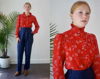 JACK MuLQUEEN PAISLEY Blouse . Vintage 80s Button Down Shirt . Red SILKY Secretary  Puff Sleeve Blouse