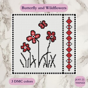 Butterfly and Wildflowers – Modern Cross Stitch Pattern | PDF | Black Red White Floral Design