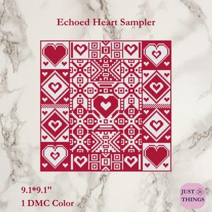 Geometric Hearts Cross Stitch Pattern: Symmetrical Redwork (PDF Download)