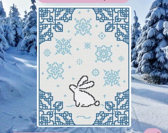 Winter Bunny Cross Stitch Pattern | Snowflake Rabbit Embroidery PDF | Cozy Winter Animal Counted Cross Stitch Chart