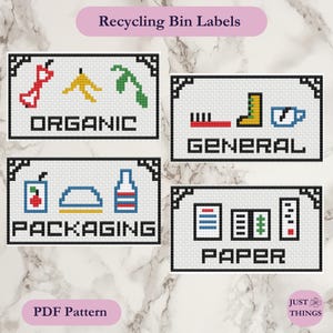 Puede incluir: Cuatro etiquetas de contenedores de reciclaje de punto de cruz con bordes negros y fondos blancos. Las etiquetas dicen "Orgánico", "General", "Embalaje" y "Papel". Cada etiqueta presenta un gráfico correspondiente: restos de comida, un cepillo de dientes, una caja de jugo y pilas de papel.