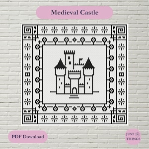 May include: A black and white cross-stitch pattern depicting a medieval castle with a flag, framed by a decorative border. The text "Medieval Castle" is above, and "PDF Download" is below the image.
