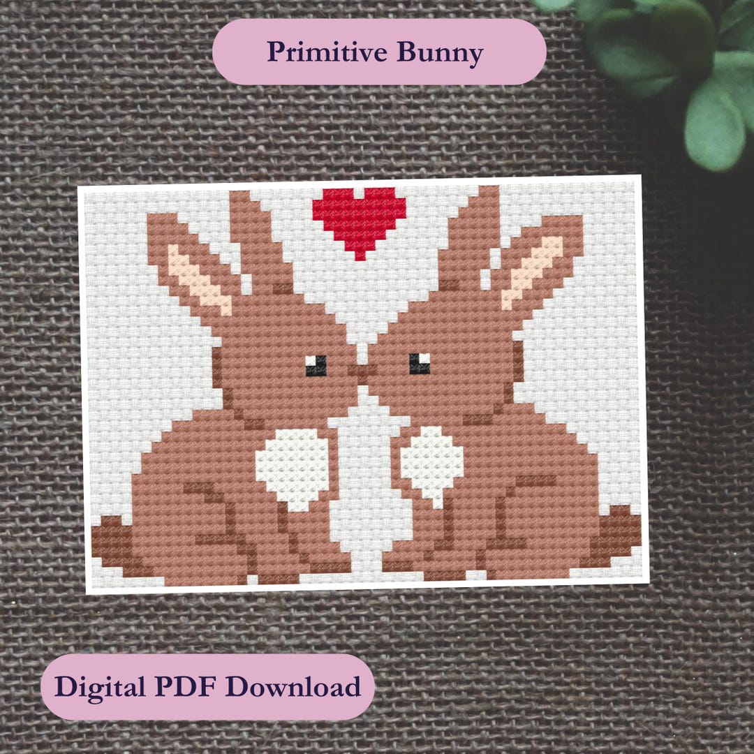 Primitive Bunny Cross Stitch Pattern PDF | Two Rabbits With Heart ...