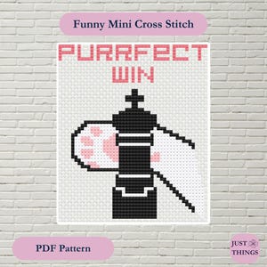 May include: Cross-stitch pattern with the text "PURRFECT WIN" above a black and white chess piece with a cat paw. The words "Funny Mini Cross Stitch" and "PDF Pattern" are also present. The background is a white brick wall.