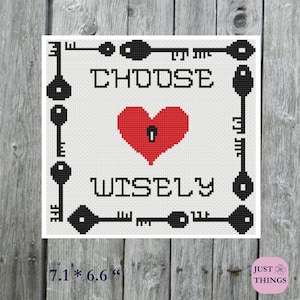 Choose Wisely Cross Stitch Pattern: Minimalist Heart & Key Design (PDF Chart)