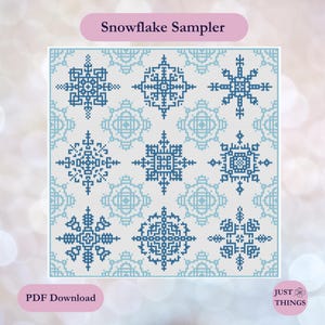 May include: A cross-stitch pattern sampler featuring various blue snowflake designs on a white background. The text "Snowflake Sampler" is at the top, and "PDF Download" is at the bottom. The Just Things logo is in the bottom right corner.