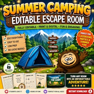 Puede incluir: Imagen promocional para una Escape Room editable de acampada de verano. La imagen presenta una tienda azul, un Bigfoot de dibujos animados y varios elementos de rompecabezas. El texto incluye "Editar todo", "Fácil de usar" y "Divertido y atractivo".