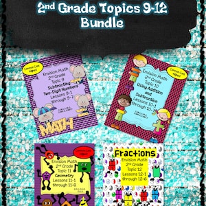 Puede incluir: Un paquete de cuatro cuadernos educativos para temas de matemáticas de 2º grado, temas 9-12. Los cuadernos cubren la resta de números de dos dígitos, la suma y la resta, la geometría y las fracciones. El título "Envision Math" se muestra en la parte superior.