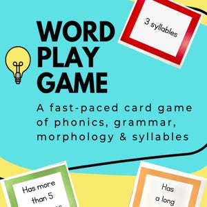 以下が含まれることがあります： 「WORD PLAY GAME」というタイトルのカラフルな教育ゲーム。電球のグラフィックが特徴です。ゲームには、「3音節」、「5つ以上の音素がある」、「長い母音がある」などのテキストが書かれたカードが含まれています。背景は黄色と青です。