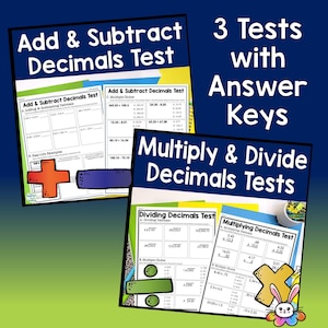 Può includere: Materiale didattico con tre test con chiavi di risposta sui decimali. I test riguardano l'addizione, la sottrazione, la moltiplicazione e la divisione dei decimali. L'immagine ha uno sfondo blu e verde.