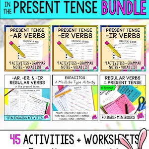Spanish Conjugating Regular Ar- Er- Ir Verbs Present Tense 45 Activity BUNDLE