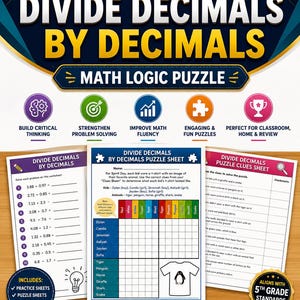 Op de afbeelding: Educatief wiskundewerkblad getiteld "Decimale getallen delen door decimale getallen" met een "Math Logic Puzzle" thema. Bevat oefenbladen, puzzelbladen en aanwijzingsbladen. Voor groep 5.