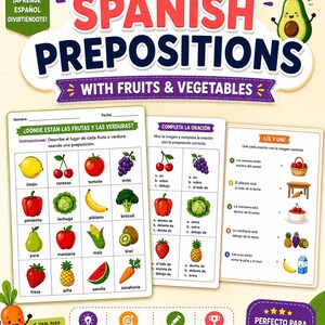 Könnte beinhalten: Lehrtafel für spanische Präpositionen mit Obst und Gemüse. Enthält Illustrationen von Zitrone, Kirschen, Tomate, Trauben, Paprika, Salat, Banane, Brokkoli, Birne, Apfel, Mais, Kiwi, Erdbeere, Ananas, Wassermelone und Karotte.