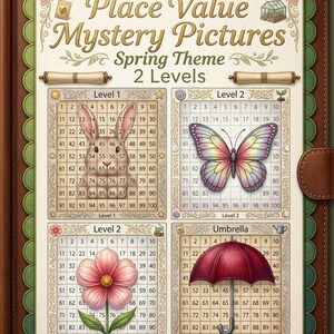 Könnte beinhalten: Lehrbuch mit dem Titel "Place Value Mystery Pictures Spring Theme" mit zwei Levels. Enthält Frühlingsmotive wie ein Kaninchen, Schmetterling, Blume und Regenschirm, jeweils mit einem Zahlenraster. Das Cover hat eine braune lederartige Textur.