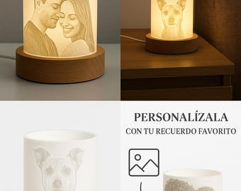 Personalisierte Röhrenlampe mit Foto oder Text - Einzigartige Lithophanie - Holzsockel oder mehrfarbiges Licht