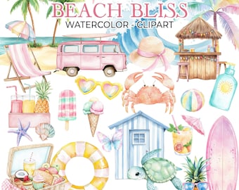 Watercolor Beach Day Clipart, Summer Clipart, Tropical Clipart, Beach Holiday Clipart, Ocean Clipart, Cute Seaside Clipart, Vacation, PNG